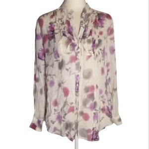 Dunnes Ruffle Neckline Abstract Floral Button Front Cotton Blouse Purple Size 14